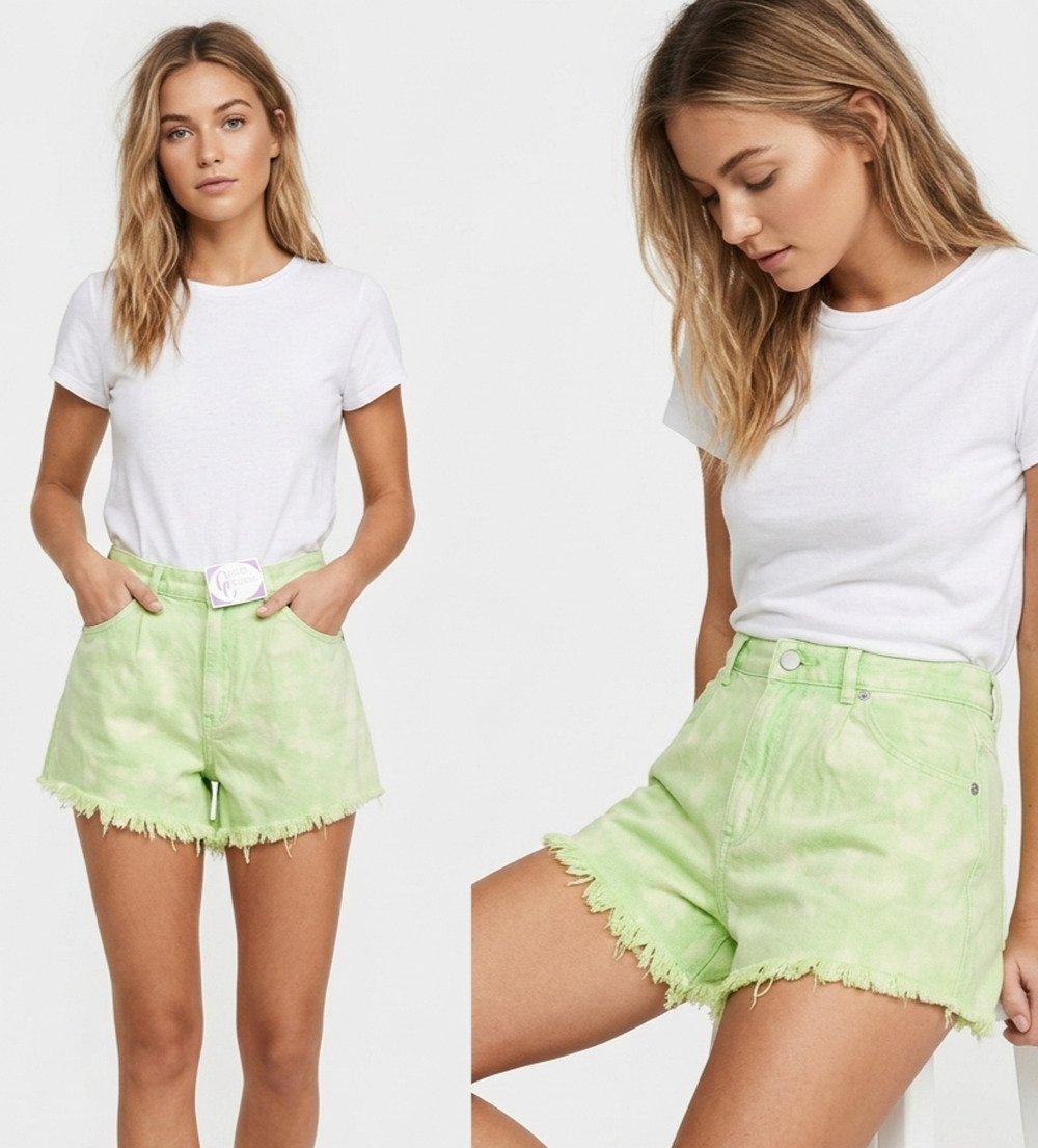 Cousin Couture Acid Wash Denim Shorts High Waisted Fringe Hem Small S Neon Green
